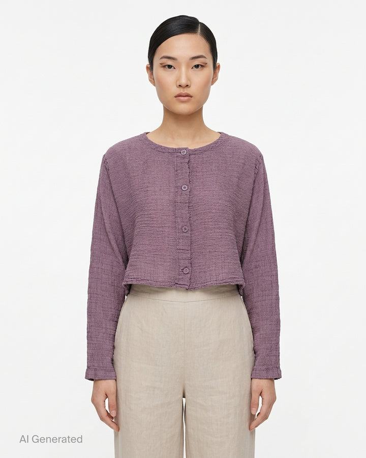me Issey Miyake Polycotton Crepe cropped cardigan in dusty lilac with crinkled texture, round neckline and tonal button front - front