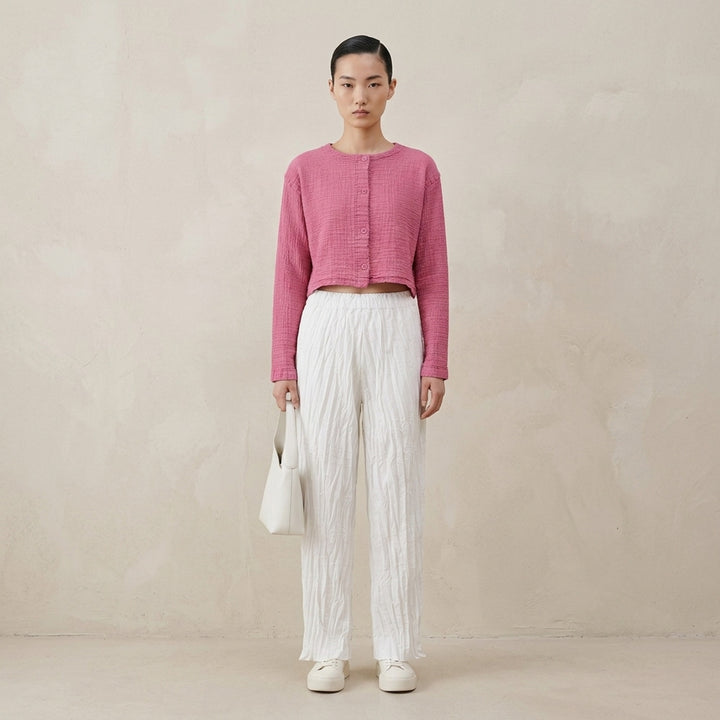 me Issey Miyake Polycotton Crepe cropped cardigan in dusty lilac with crinkled texture, round neckline and tonal button front - lifestyle