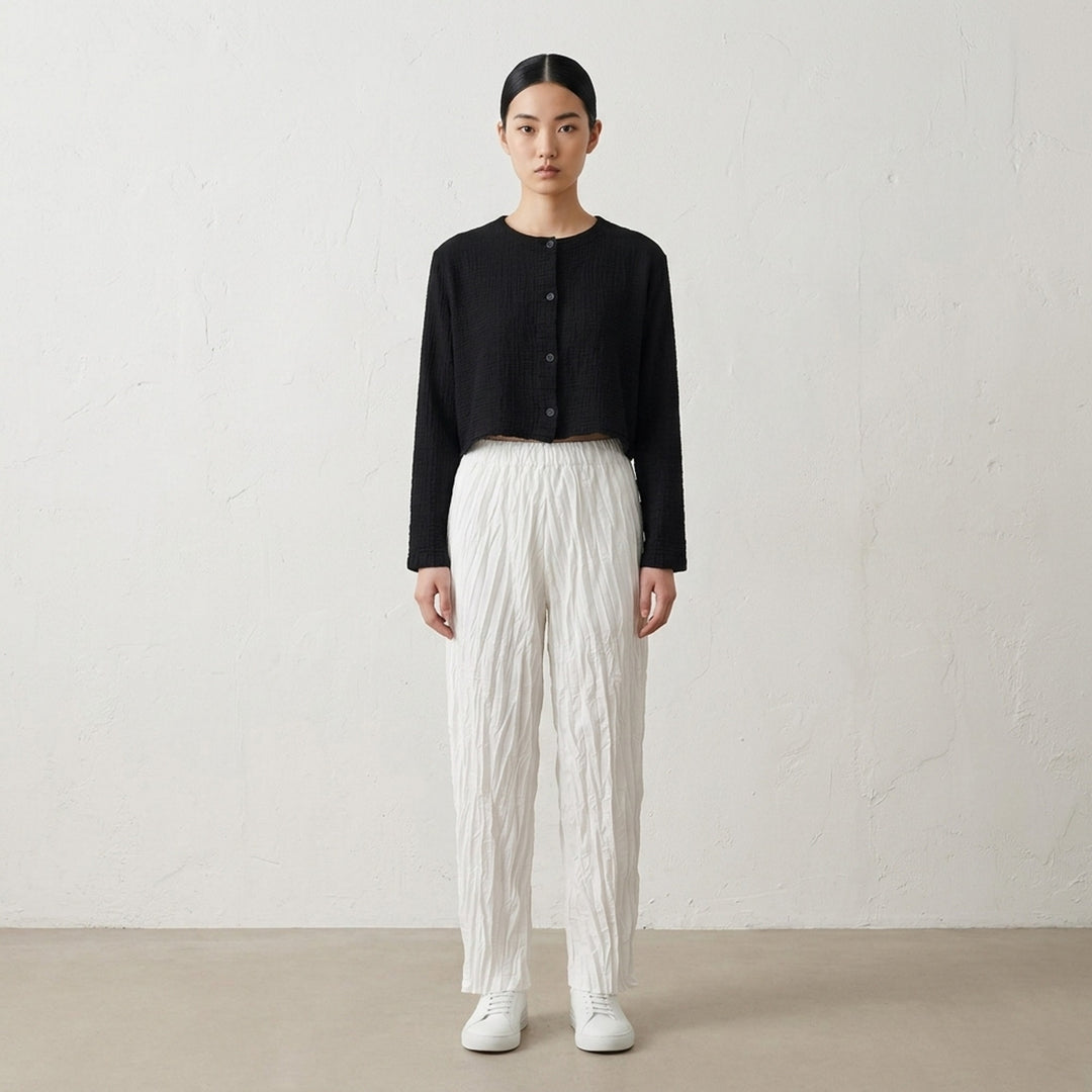 me Issey Miyake Polycotton Crepe cropped cardigan in dusty lilac with crinkled texture, round neckline and tonal button front - lifestyle