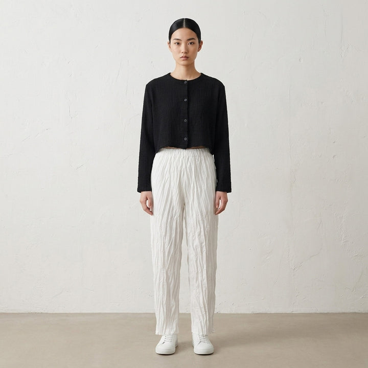 me Issey Miyake Polycotton Crepe cropped cardigan in dusty lilac with crinkled texture, round neckline and tonal button front - lifestyle