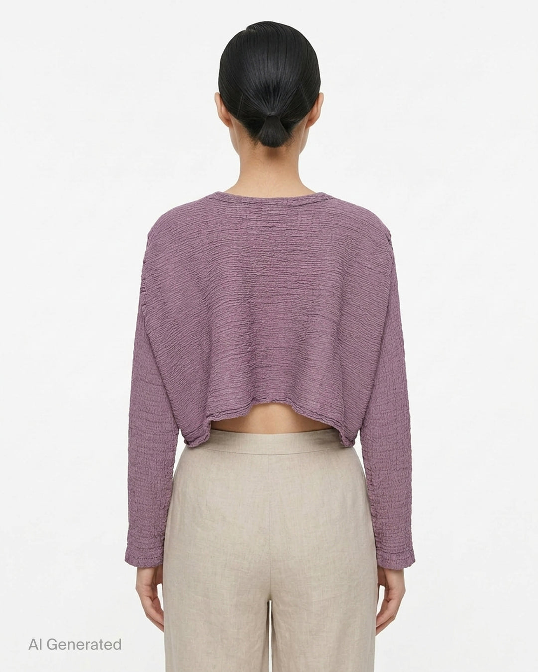 me Issey Miyake Polycotton Crepe cropped cardigan in dusty lilac with crinkled texture, round neckline and tonal button front - back