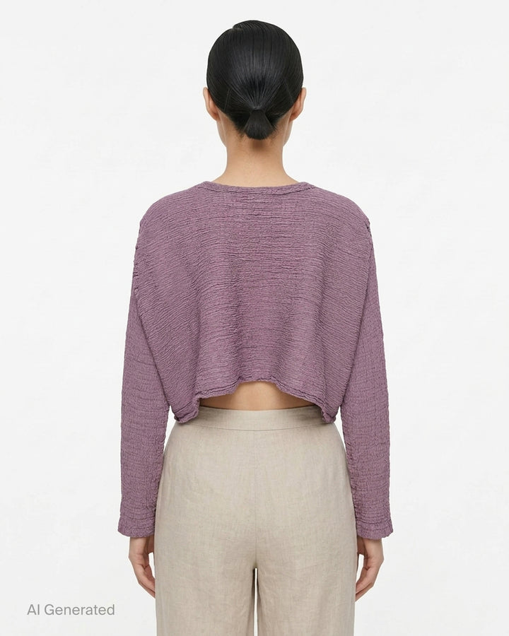 me Issey Miyake Polycotton Crepe cropped cardigan in dusty lilac with crinkled texture, round neckline and tonal button front - back