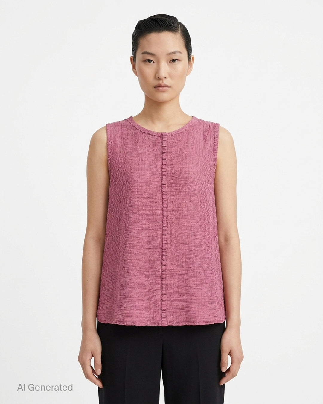 me Issey Miyake sleeveless tunic in textured polycotton crepe with ruffled centre-front seam and round neckline - front