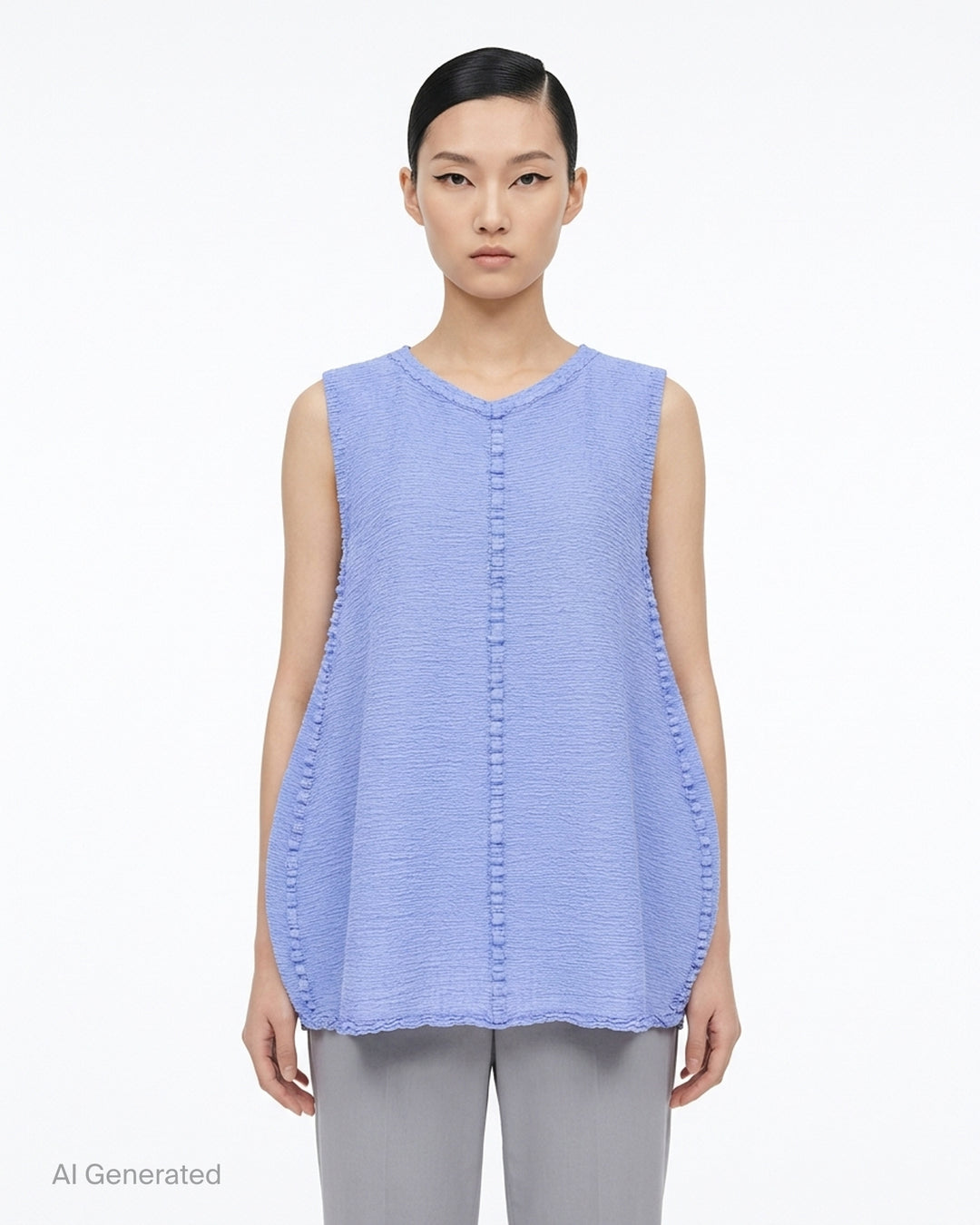 me Issey Miyake sleeveless tunic in textured polycotton crepe with ruffled centre-front seam and round neckline - front