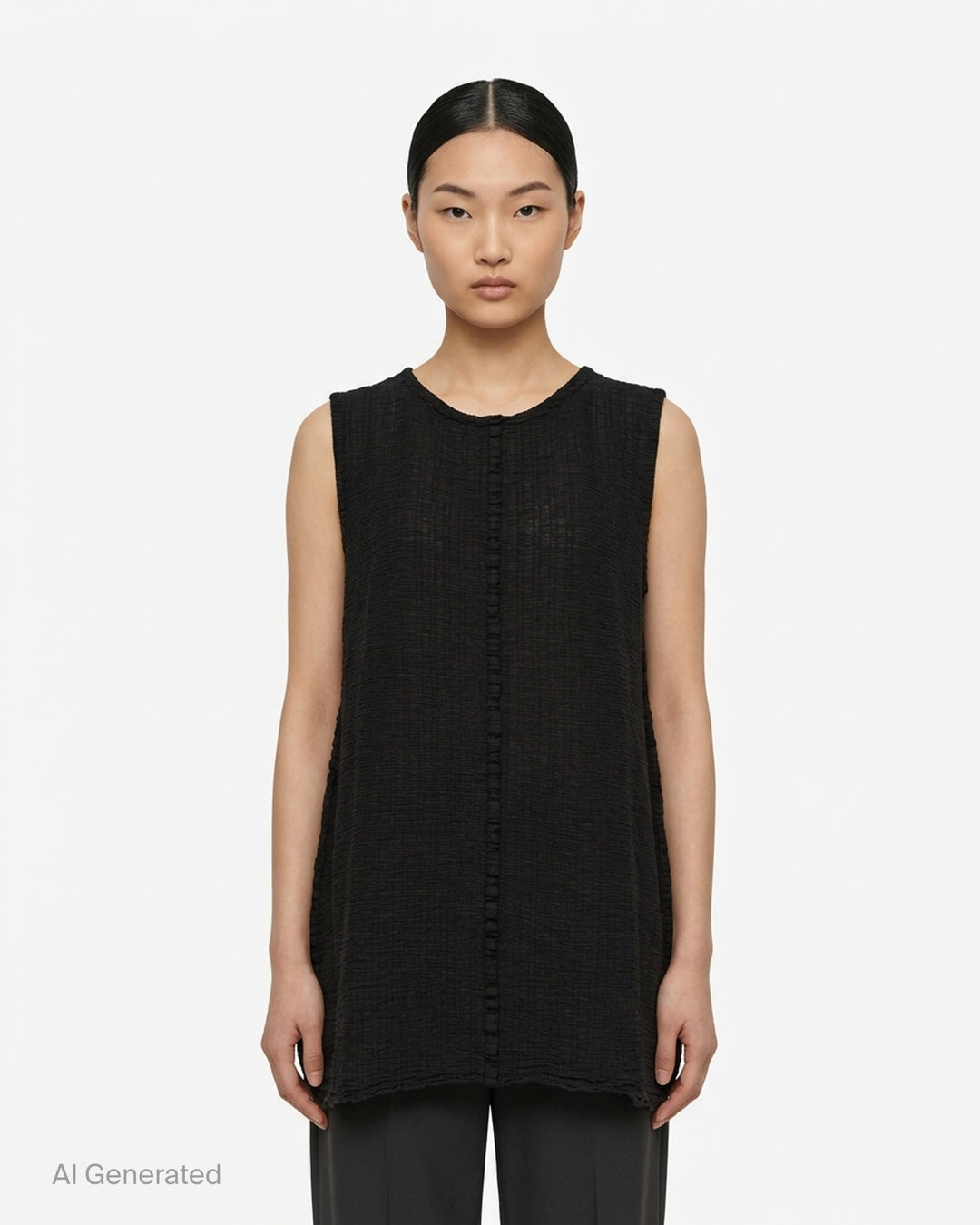 me Issey Miyake sleeveless tunic in textured polycotton crepe with ruffled centre-front seam and round neckline - front