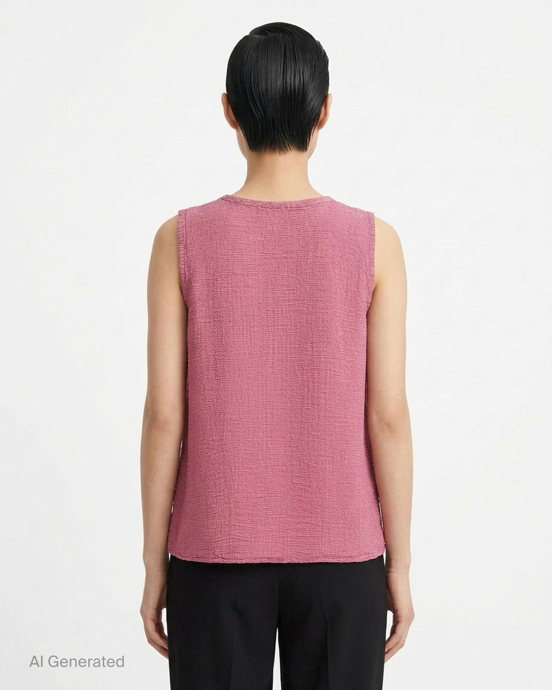 me Issey Miyake sleeveless tunic in textured polycotton crepe with ruffled centre-front seam and round neckline - back
