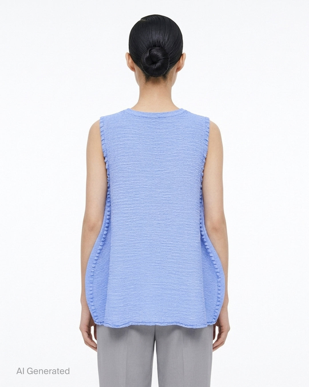 me Issey Miyake sleeveless tunic in textured polycotton crepe with ruffled centre-front seam and round neckline - back
