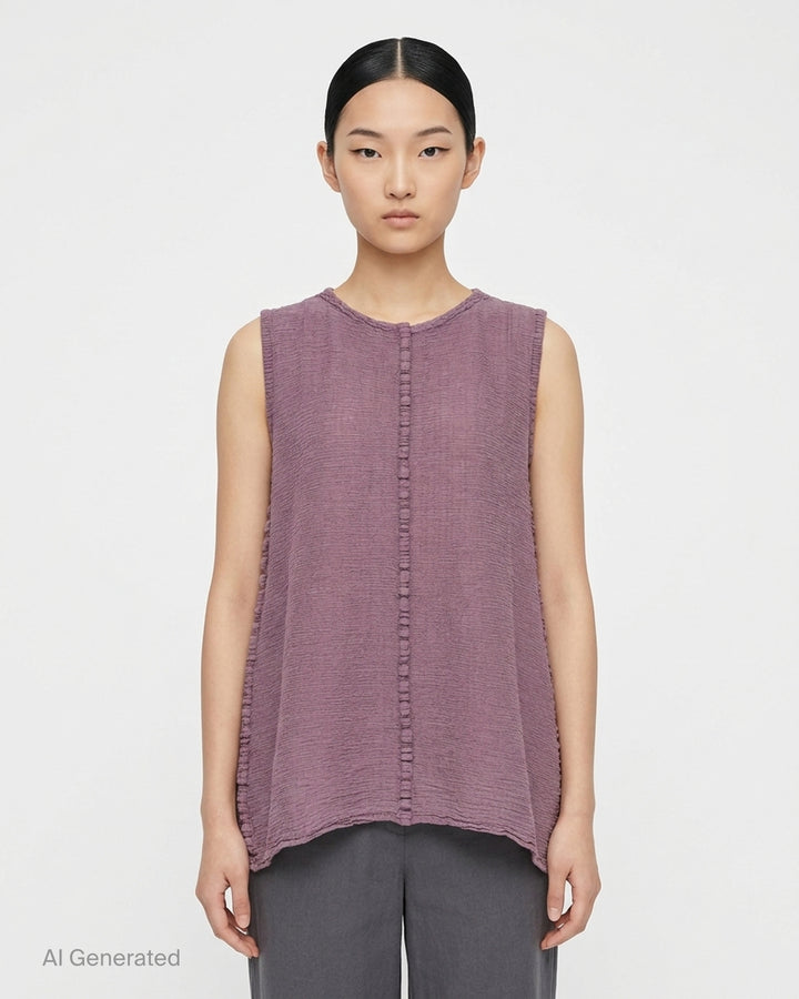me Issey Miyake sleeveless tunic in textured polycotton crepe with ruffled centre-front seam and round neckline - front