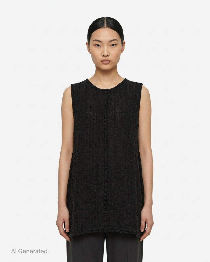 me Issey Miyake sleeveless tunic in textured polycotton crepe with ruffled centre-front seam and round neckline - front