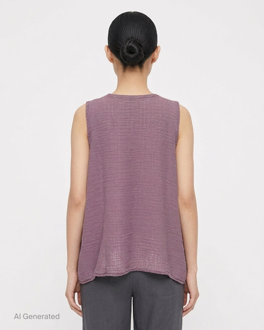 me Issey Miyake sleeveless tunic in textured polycotton crepe with ruffled centre-front seam and round neckline - back