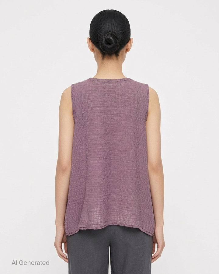 me Issey Miyake sleeveless tunic in textured polycotton crepe with ruffled centre-front seam and round neckline - back