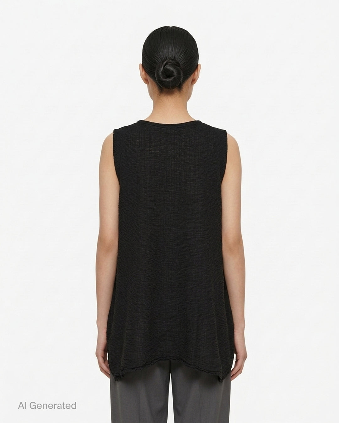 me Issey Miyake sleeveless tunic in textured polycotton crepe with ruffled centre-front seam and round neckline - back