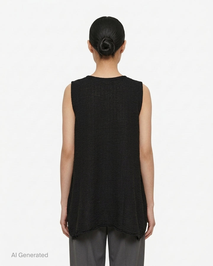 me Issey Miyake sleeveless tunic in textured polycotton crepe with ruffled centre-front seam and round neckline - back