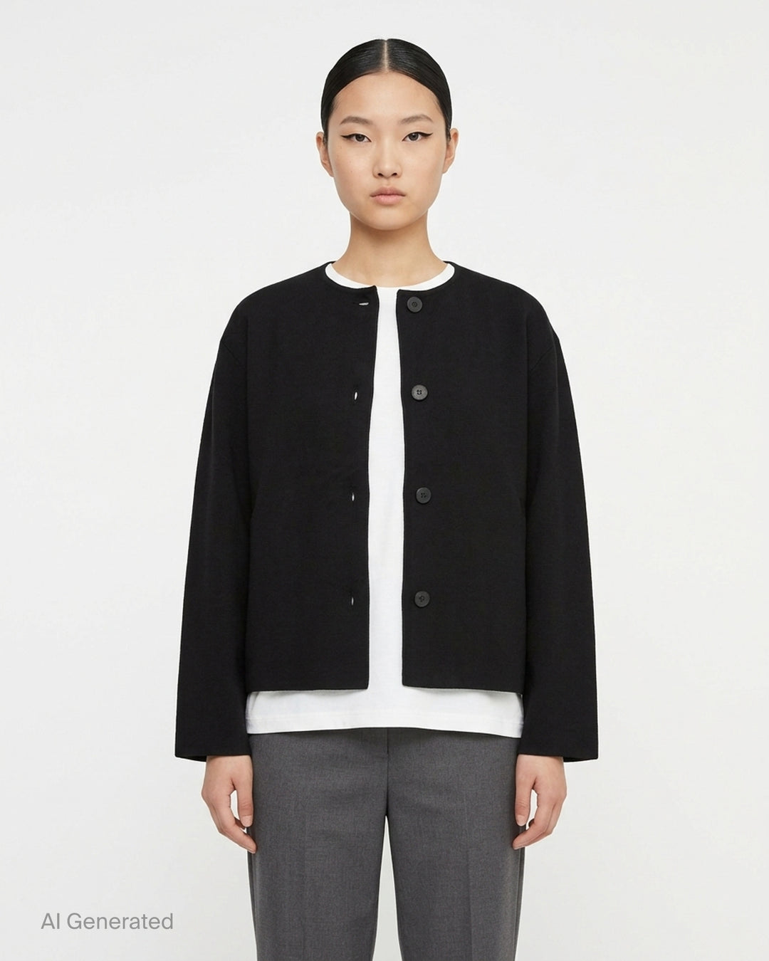 me Issey Miyake Solid Knit jacket in black with a collarless neckline, button-through front and wide sleeves - front