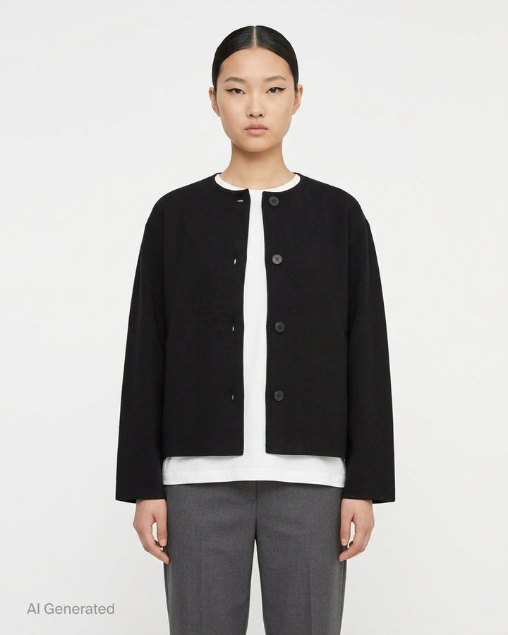 me Issey Miyake Solid Knit jacket in black with a collarless neckline, button-through front and wide sleeves - front