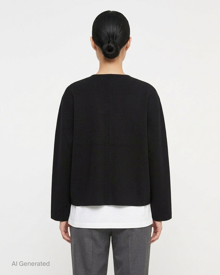 me Issey Miyake Solid Knit jacket in black with a collarless neckline, button-through front and wide sleeves - back