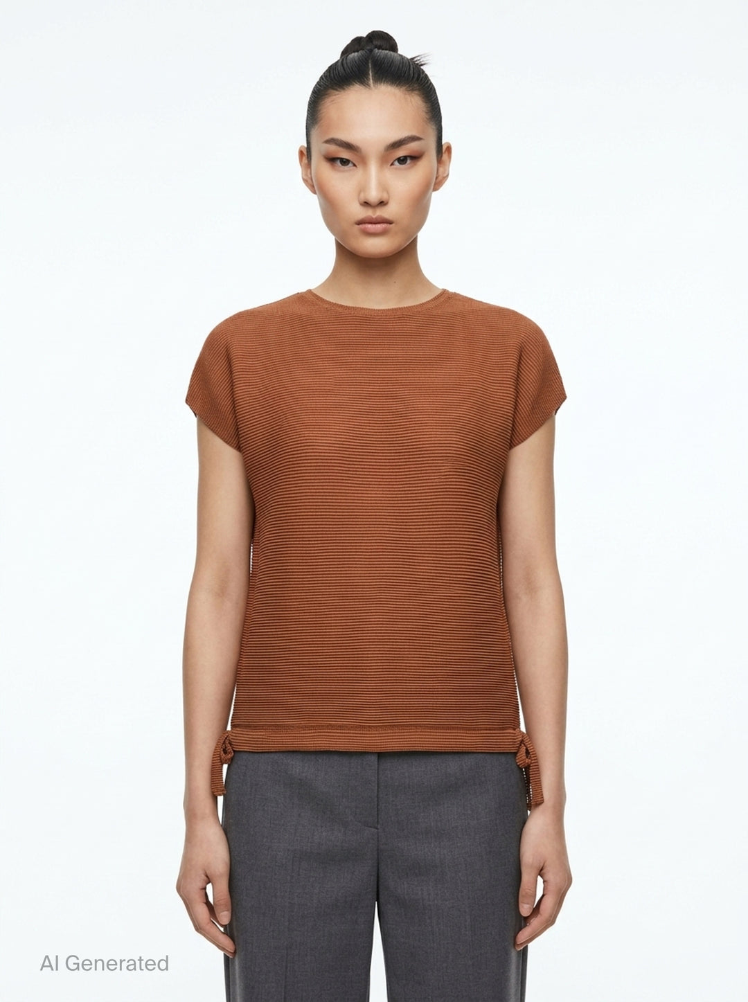 me Issey Miyake Square Stretch Pleats top in black, featuring a boxy silhouette, crew neckline, cap sleeves, and gathered tie details at the hem - front
