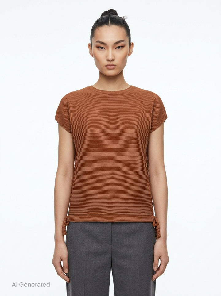 me Issey Miyake Square Stretch Pleats top in black, featuring a boxy silhouette, crew neckline, cap sleeves, and gathered tie details at the hem - front