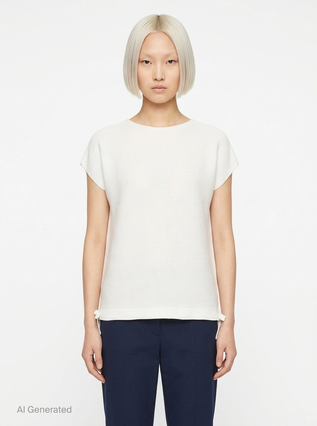 me Issey Miyake Square Stretch Pleats top in black, featuring a boxy silhouette, crew neckline, cap sleeves, and gathered tie details at the hem - front