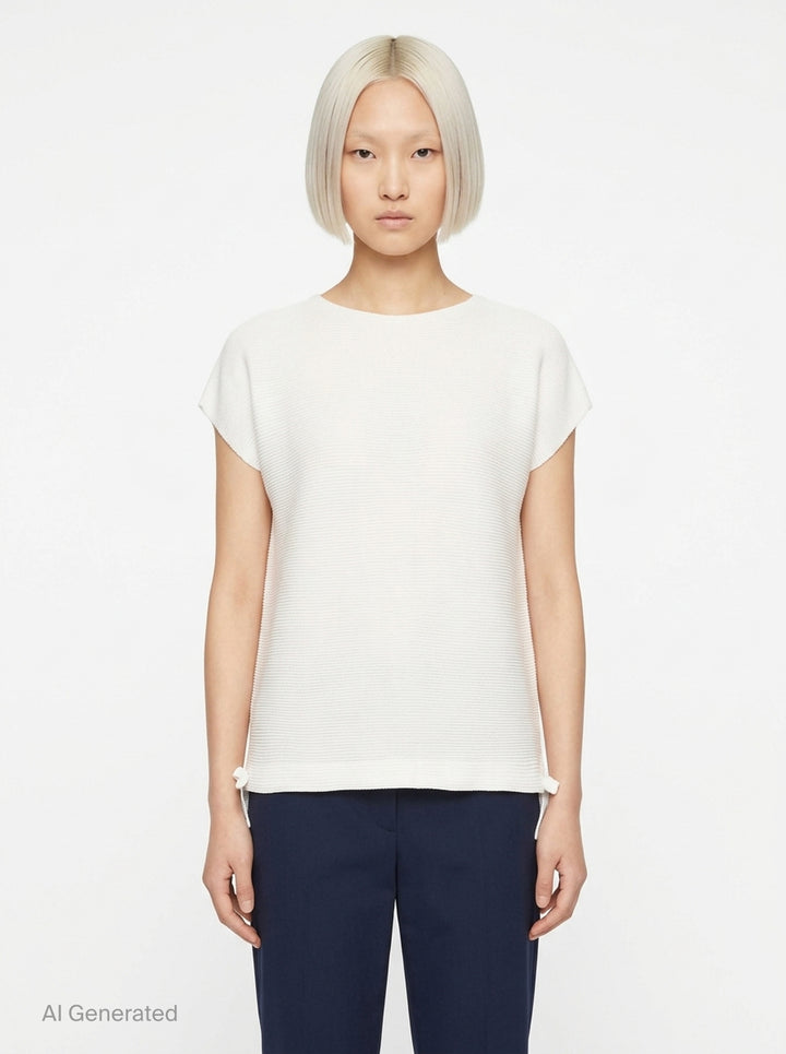 me Issey Miyake Square Stretch Pleats top in black, featuring a boxy silhouette, crew neckline, cap sleeves, and gathered tie details at the hem - front