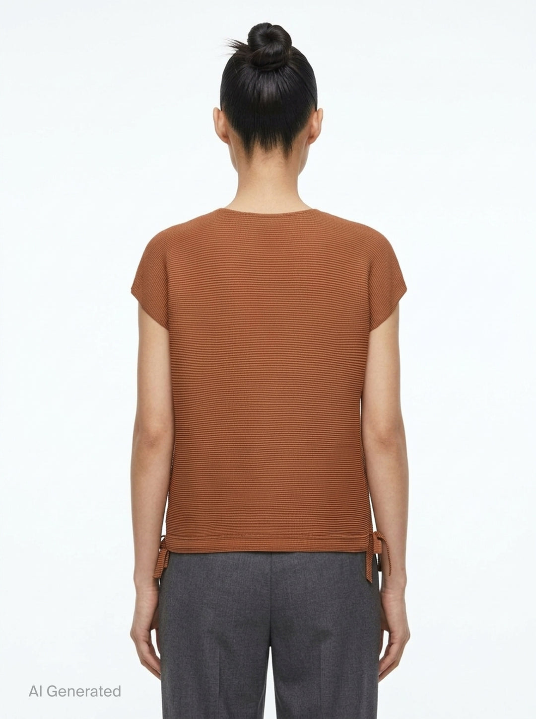 me Issey Miyake Square Stretch Pleats top in black, featuring a boxy silhouette, crew neckline, cap sleeves, and gathered tie details at the hem - back