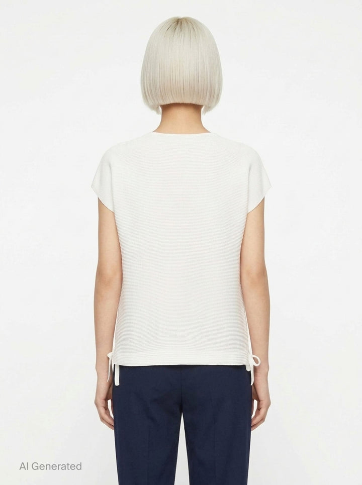 me Issey Miyake Square Stretch Pleats top in black, featuring a boxy silhouette, crew neckline, cap sleeves, and gathered tie details at the hem - back
