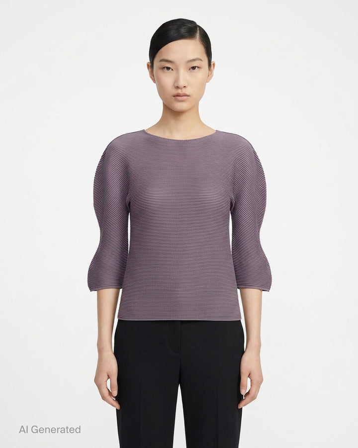 me Issey Miyake Stretch Pleats 4 top in mauve with fine horizontal pleating, round neckline and three-quarter sleeves - front