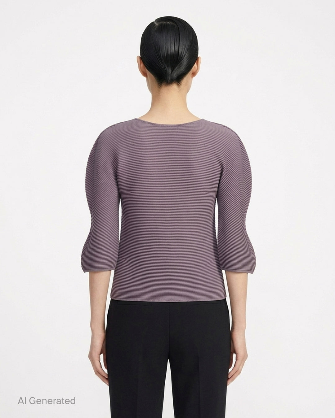 me Issey Miyake Stretch Pleats 4 top in mauve with fine horizontal pleating, round neckline and three-quarter sleeves - back