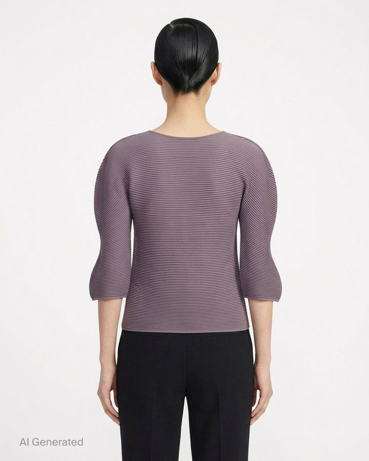 me Issey Miyake Stretch Pleats 4 top in mauve with fine horizontal pleating, round neckline and three-quarter sleeves - back