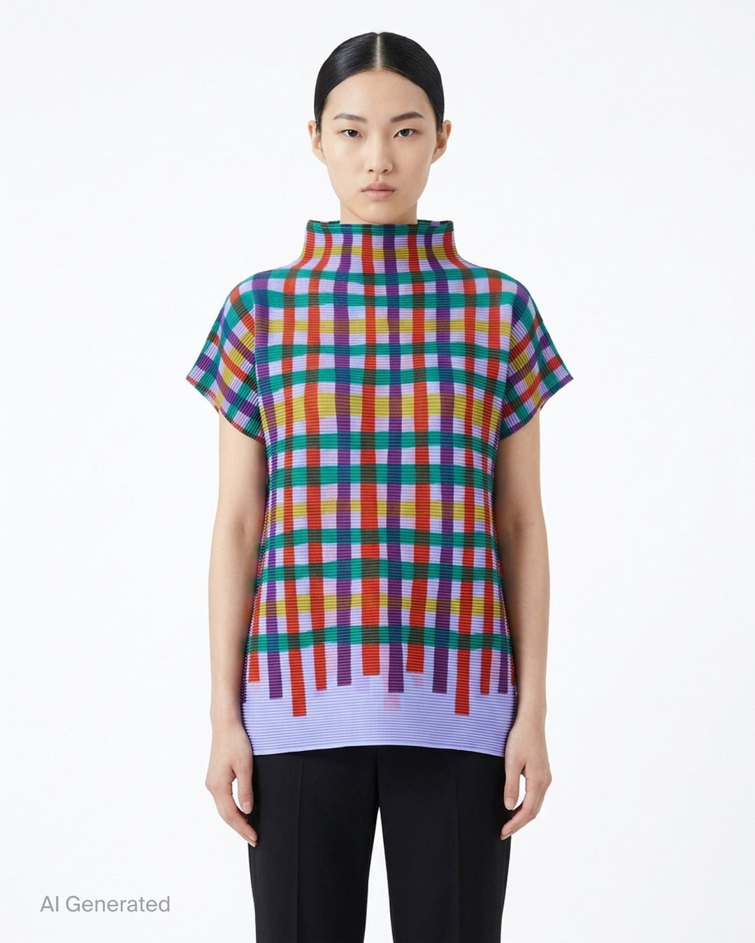 me Issey Miyake Tape Check pleated short-sleeve top with funnel neck and multicolour check print in red, purple, green, yellow and lilac - front