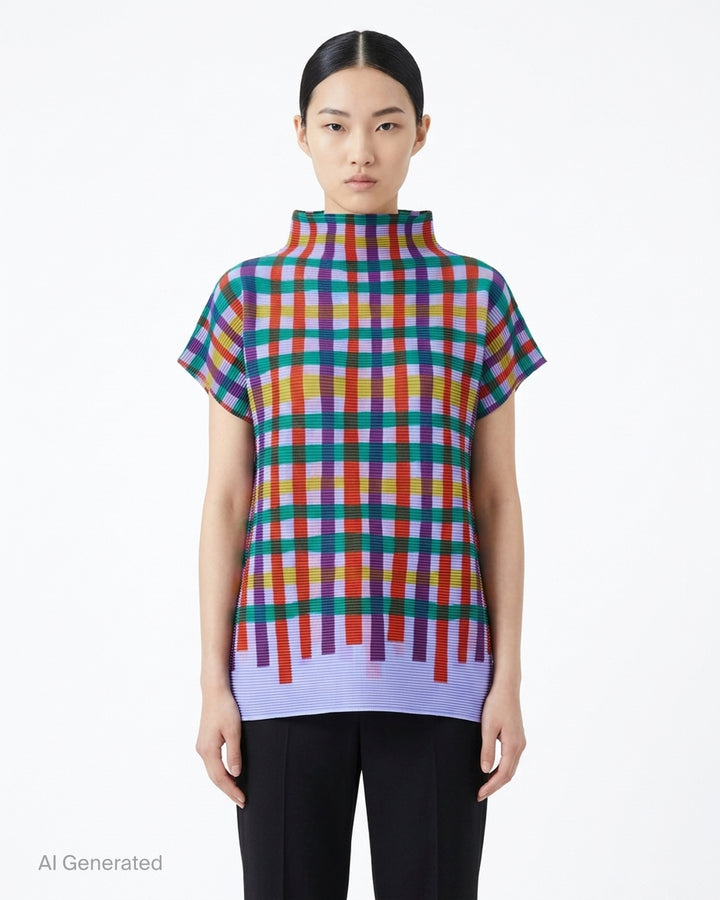me Issey Miyake Tape Check pleated short-sleeve top with funnel neck and multicolour check print in red, purple, green, yellow and lilac - front