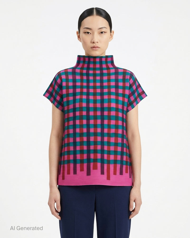 me Issey Miyake Tape Check pleated short-sleeve top with funnel neck and multicolour check print in red, purple, green, yellow and lilac - front