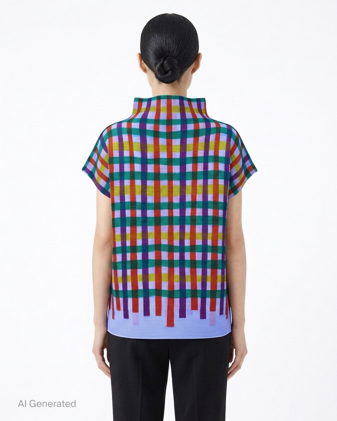me Issey Miyake Tape Check pleated short-sleeve top with funnel neck and multicolour check print in red, purple, green, yellow and lilac - back