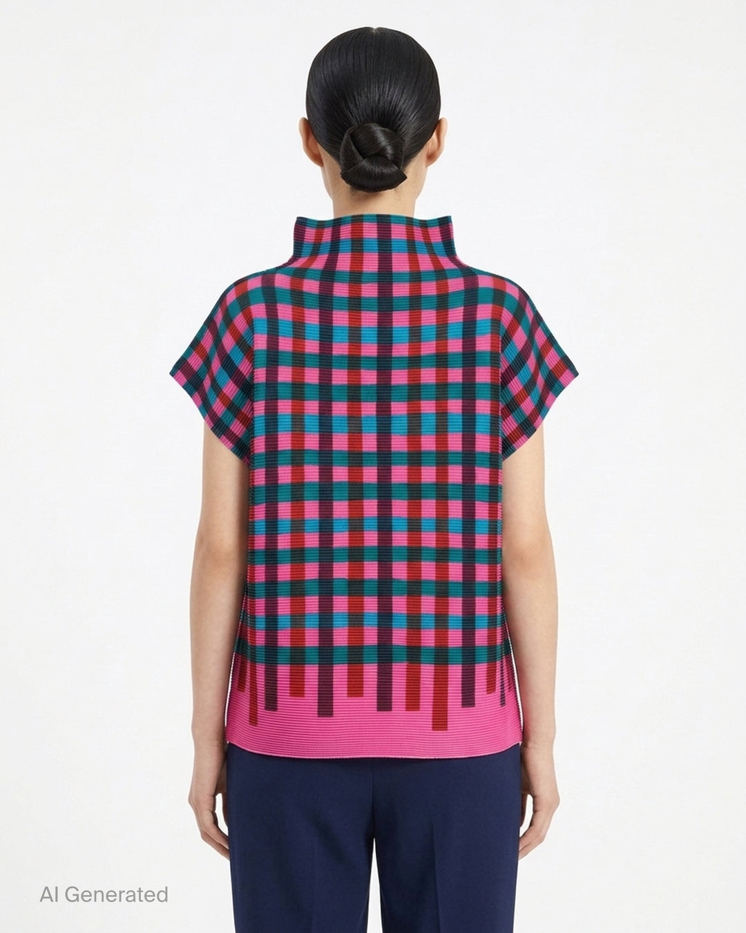 me Issey Miyake Tape Check pleated short-sleeve top with funnel neck and multicolour check print in red, purple, green, yellow and lilac - back