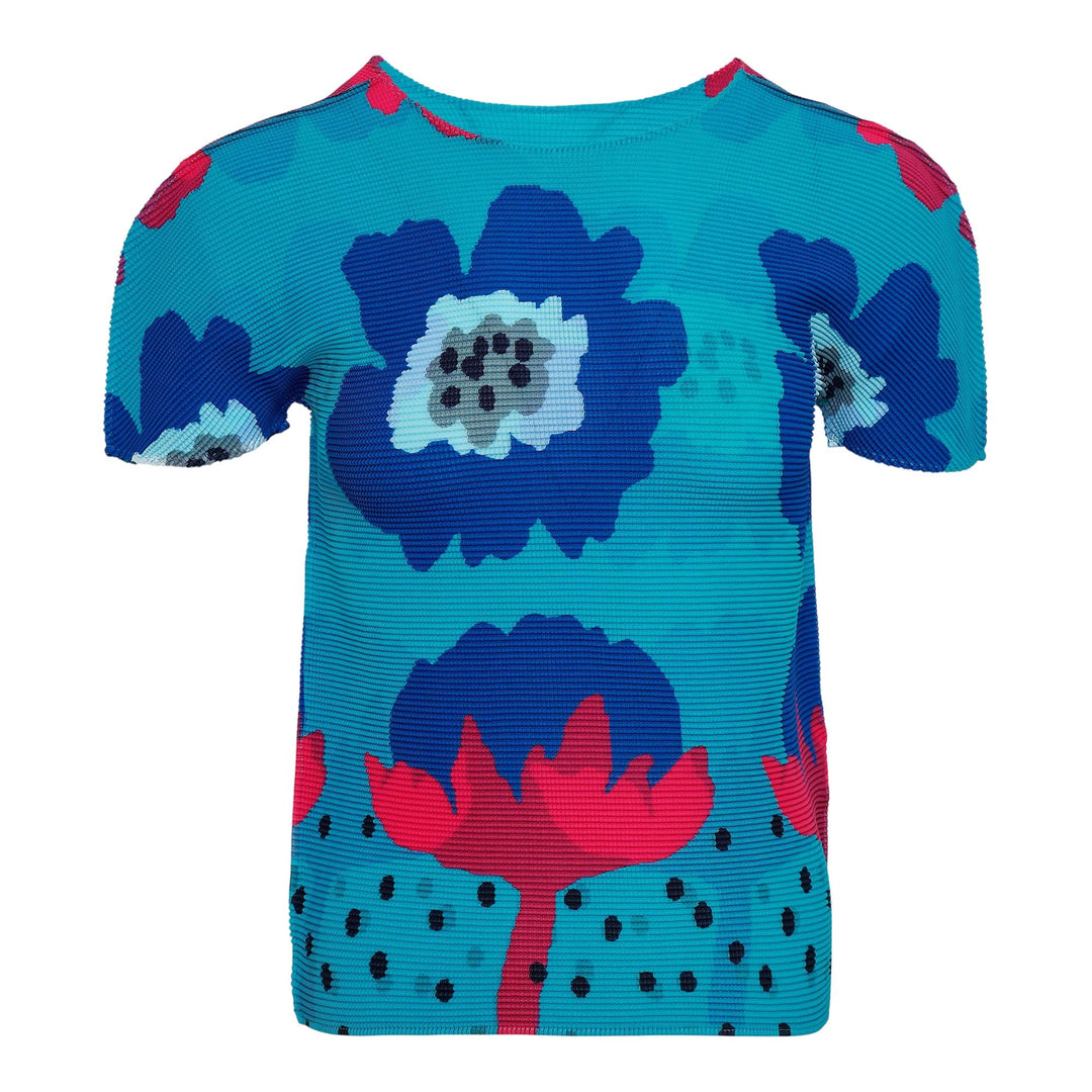 Club21 - me ISSEY MIYAKE - Grow Short Sleeve Round Neck Top - PLEATED TOPS - Turquoise-Hued