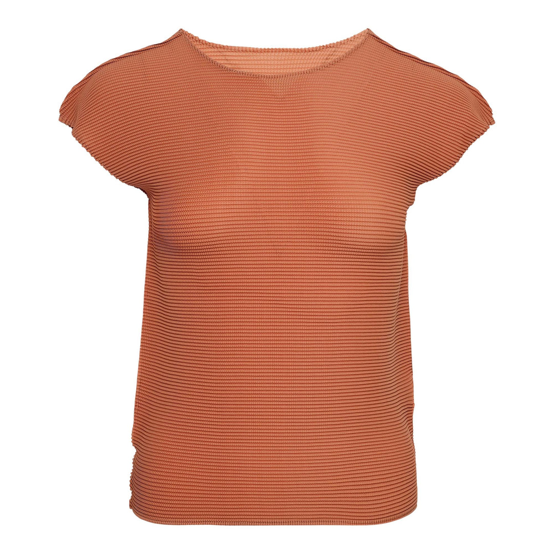 Club21 - me ISSEY MIYAKE - Stretch Pleats 3 Cap Sleeve Round Neck Top - PLEATED TOPS - Apricot