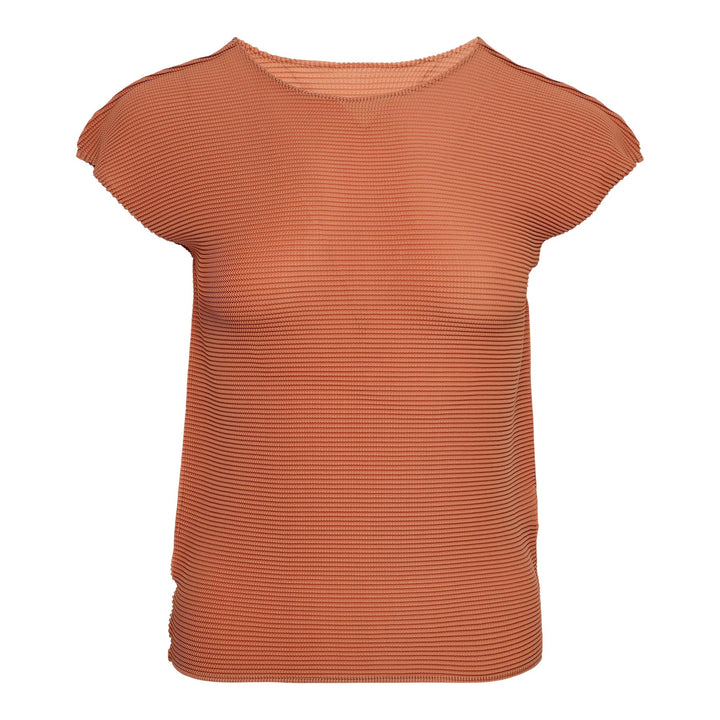 Club21 - me ISSEY MIYAKE - Stretch Pleats 3 Cap Sleeve Round Neck Top - PLEATED TOPS - Apricot