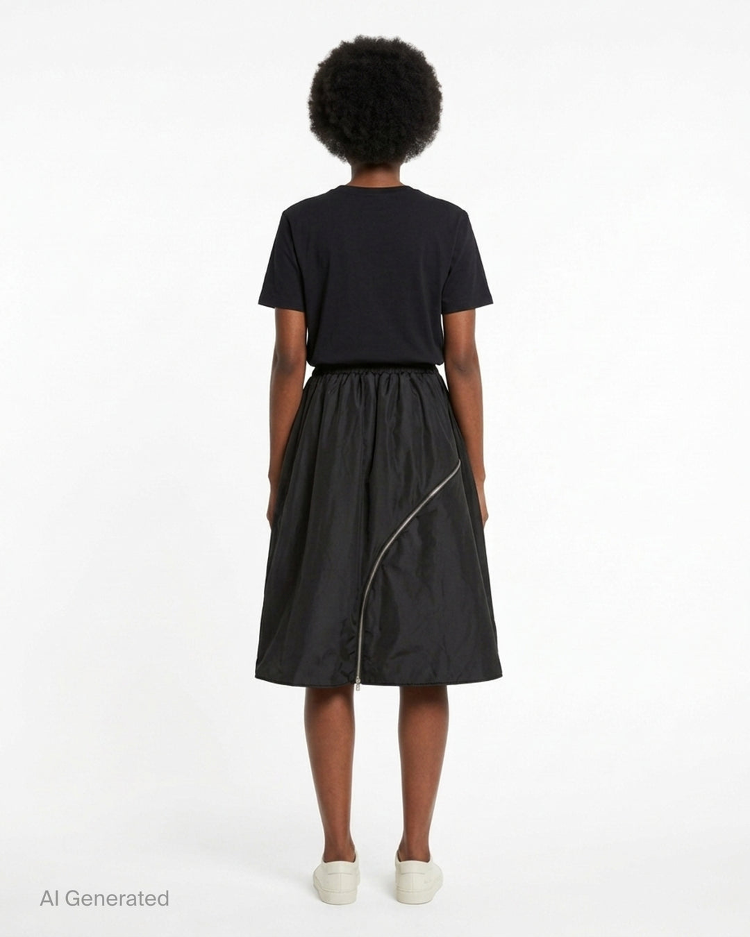 Melitta Baumeister black A-line bomber skirt with curved silver zip and elasticated waist - back