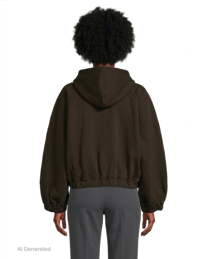 Melitta Baumeister Ball Zip Up Hoodie in dark espresso brown, featuring oversized balloon sleeves, full-length zip, navy drawstring ties, and elasticated ruched hem - back