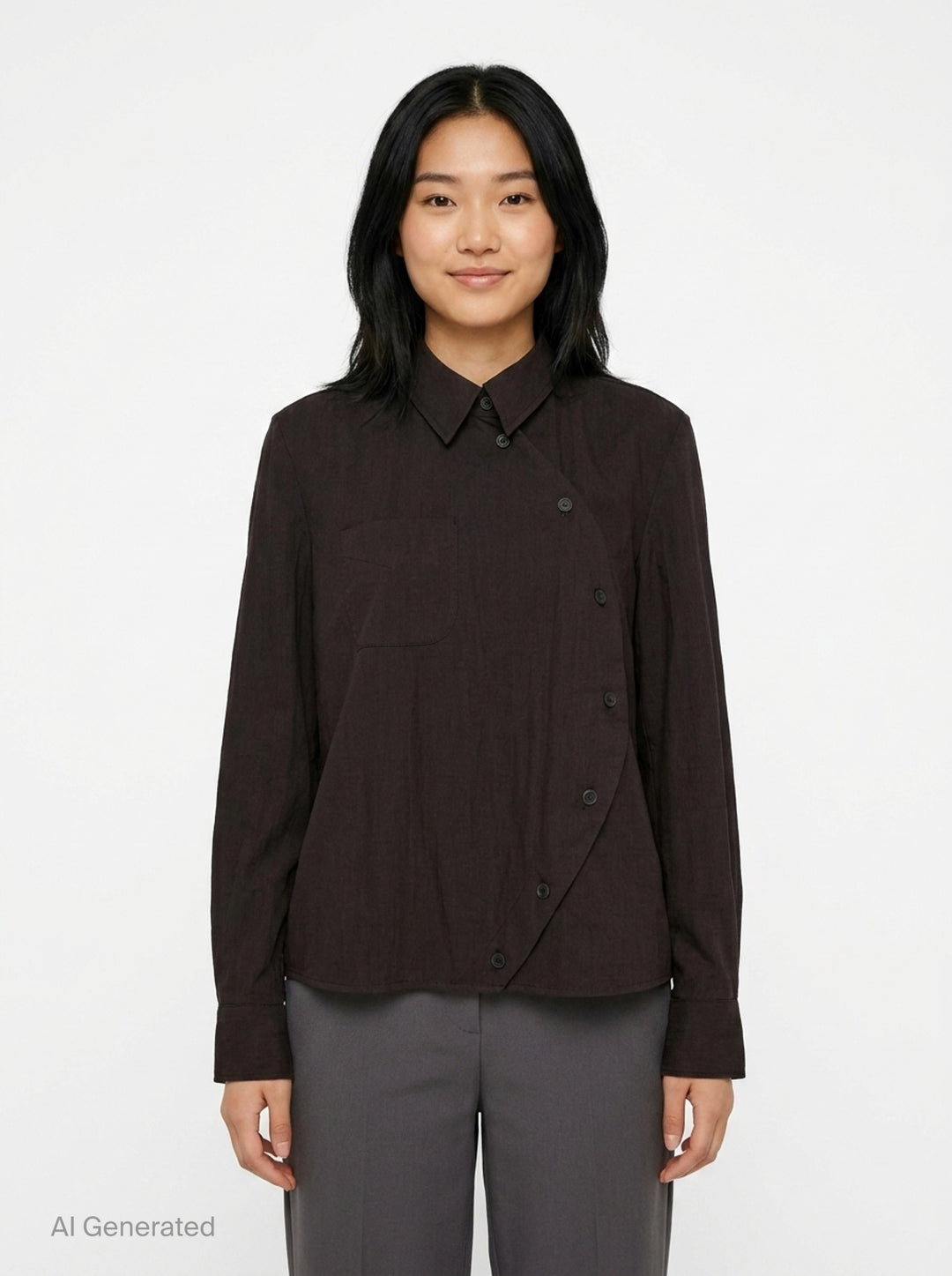Melitta Baumeister Circle Shirt in black, featuring an asymmetric curved button placket, point collar, chest patch pocket, and structured long sleeves with wide cuffs - front