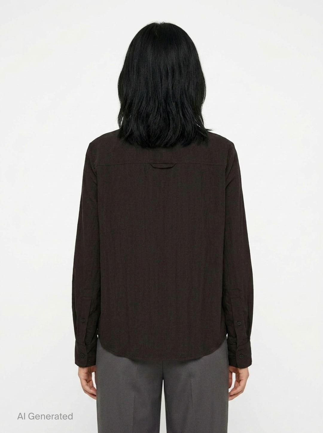 Melitta Baumeister Circle Shirt in black, featuring an asymmetric curved button placket, point collar, chest patch pocket, and structured long sleeves with wide cuffs - back
