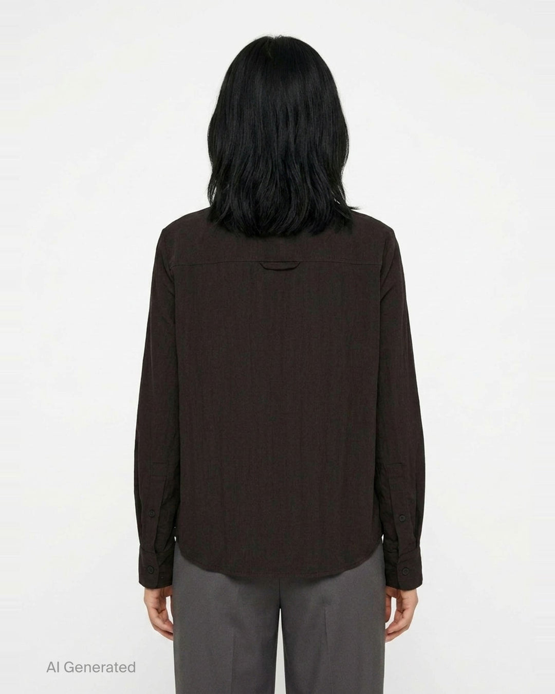 Melitta Baumeister Circle Shirt in black, featuring an asymmetric curved button placket, point collar, chest patch pocket, and structured long sleeves with wide cuffs - back