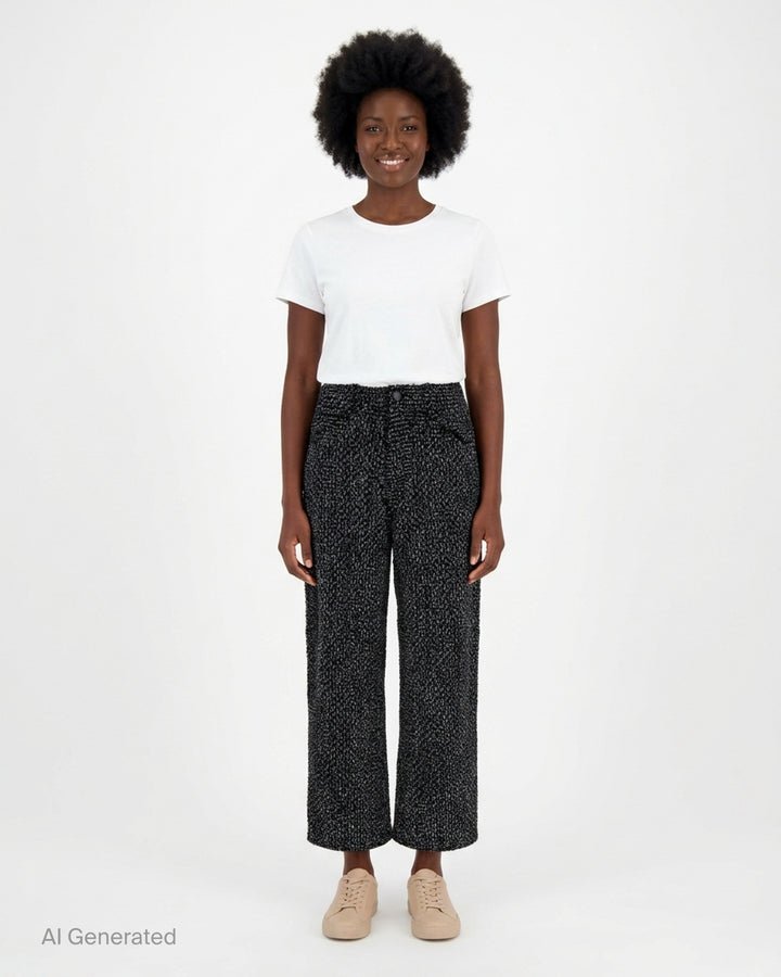 Melitta Baumeister cropped wide-leg pants in black and grey textured bouclé-effect denim, shown from the front - front