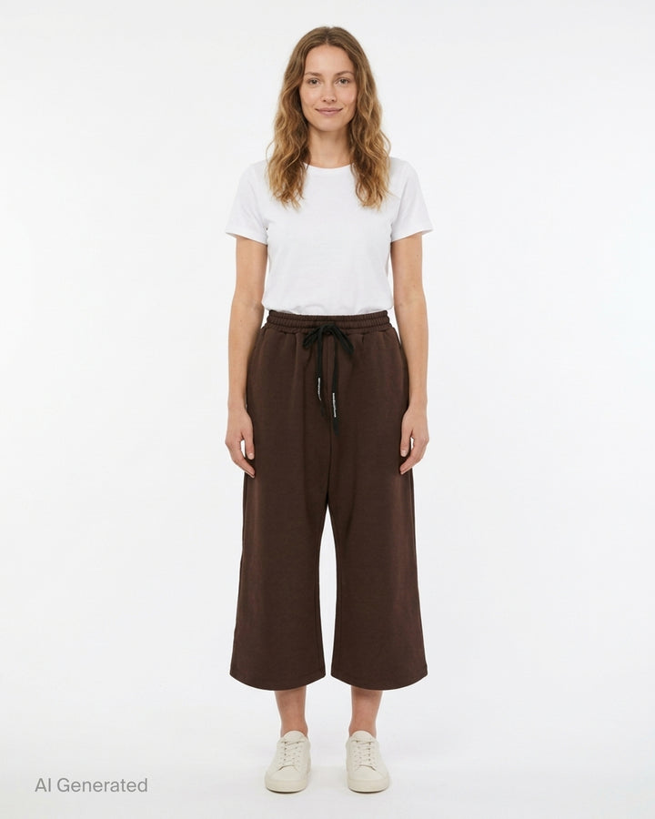 Melitta Baumeister brown cropped wide-leg lounge pants with black logo drawstring and elasticated waistband - front
