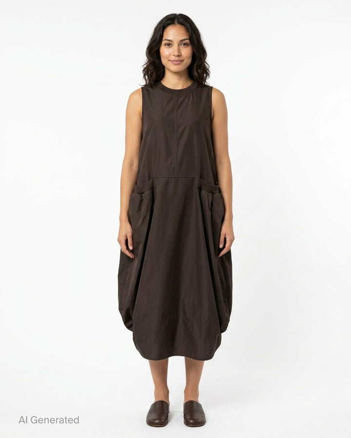 Melitta Baumeister sleeveless brown Front Pocket Dress with ribbed neckline, gathered oversized pockets and rounded bubble hem - front