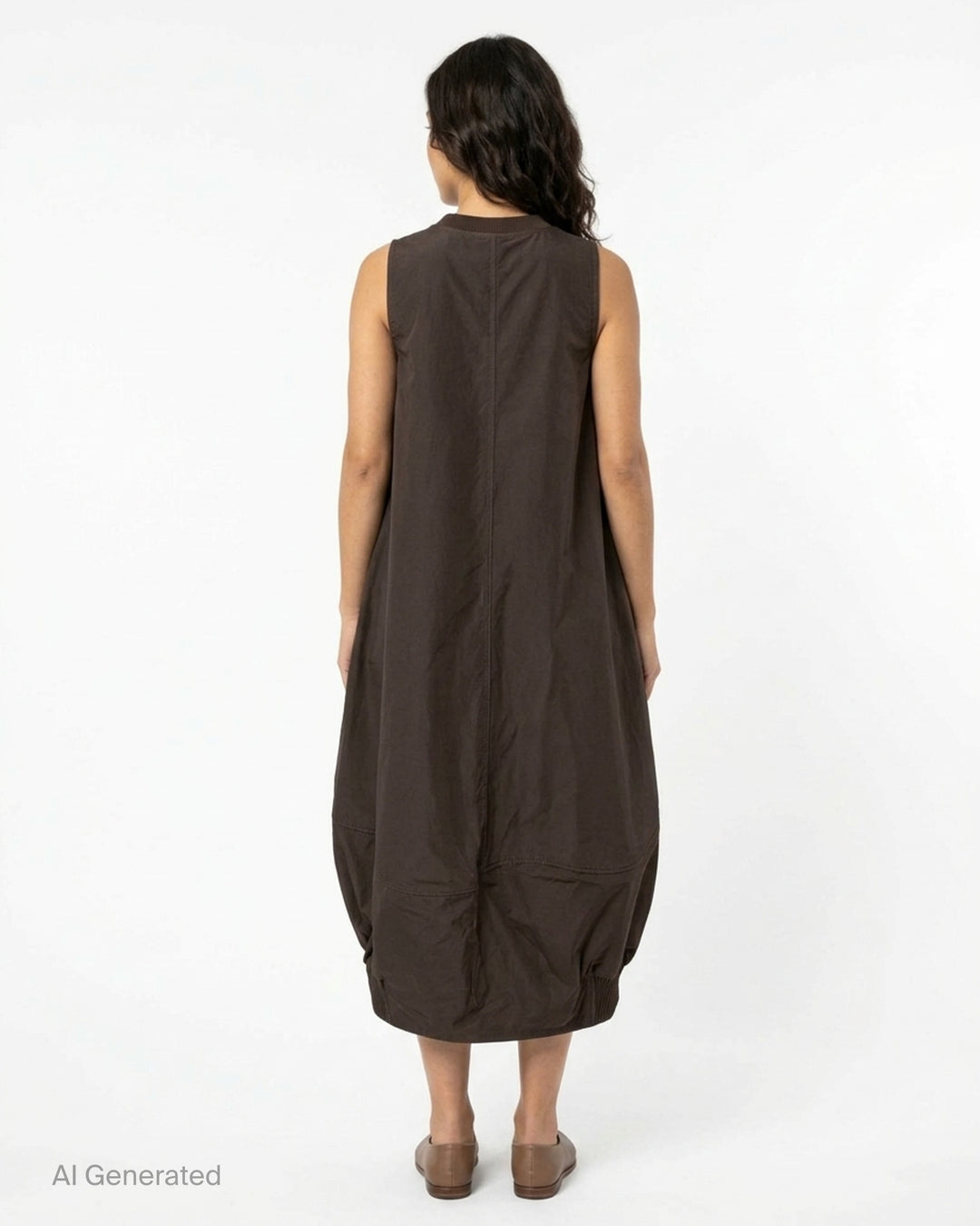 Melitta Baumeister sleeveless brown Front Pocket Dress with ribbed neckline, gathered oversized pockets and rounded bubble hem - back