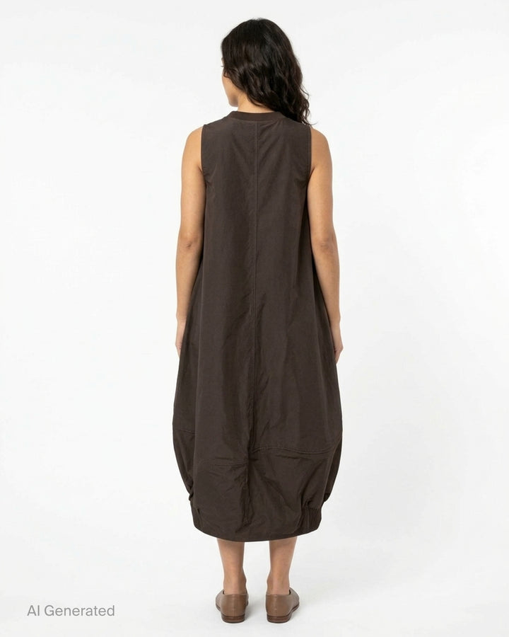 Melitta Baumeister sleeveless brown Front Pocket Dress with ribbed neckline, gathered oversized pockets and rounded bubble hem - back