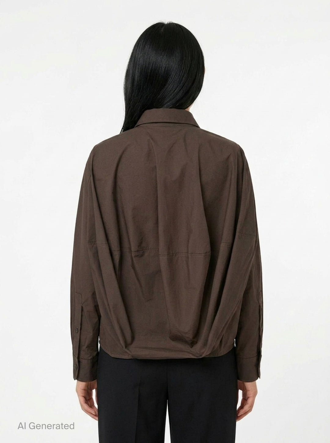 Melitta Baumeister Long Sleeve Cocoon Shirt in chocolate brown with rounded collar, contrast topstitching, chest patch pocket, and gathered elasticated hem band - back