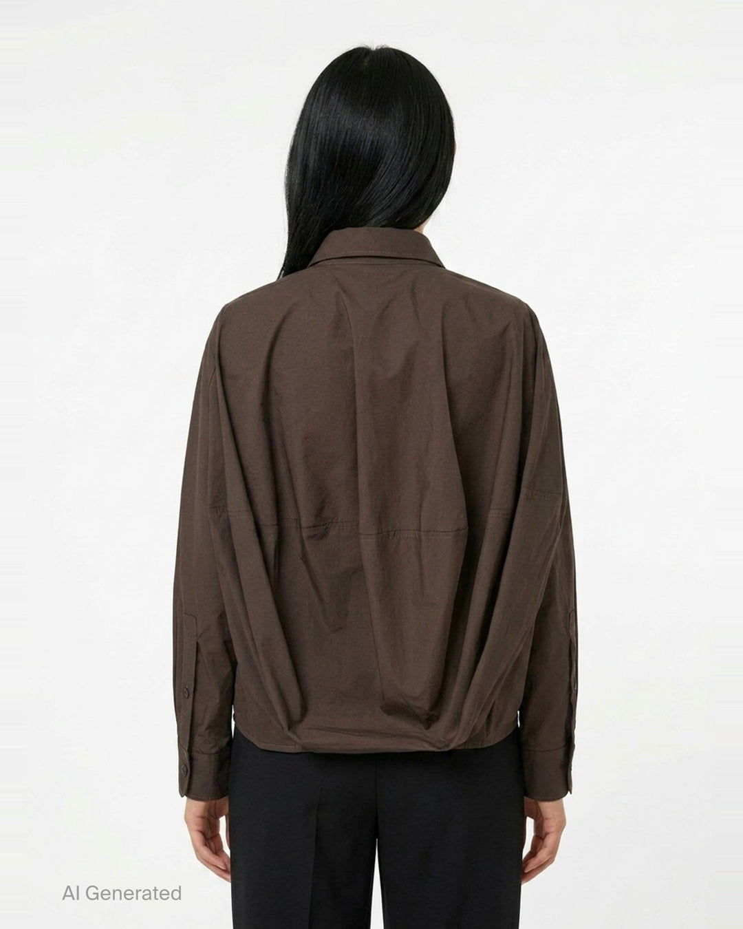 Melitta Baumeister Long Sleeve Cocoon Shirt in chocolate brown with rounded collar, contrast topstitching, chest patch pocket, and gathered elasticated hem band - back