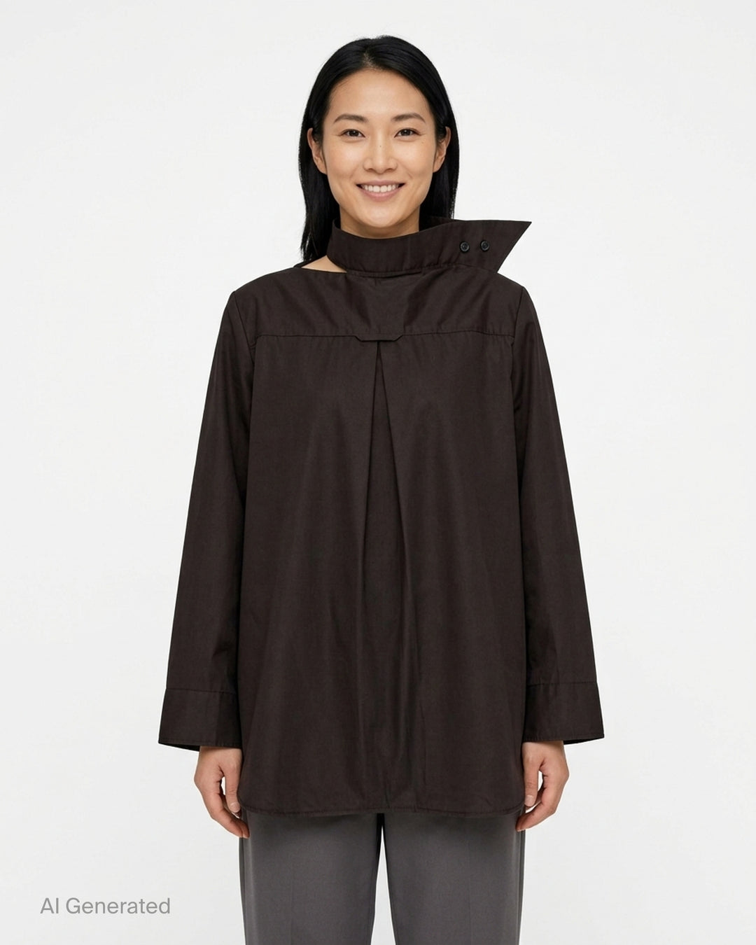 Melitta Baumeister black oversized Pointy Collar Shirt with asymmetric stand collar, front pleat and long sleeves - front